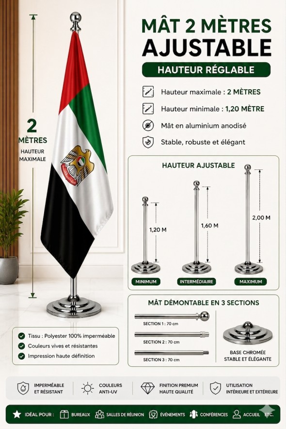 Drapeau Émirats Arabes Unis sur mât 2m – Qualité Premium Maroc