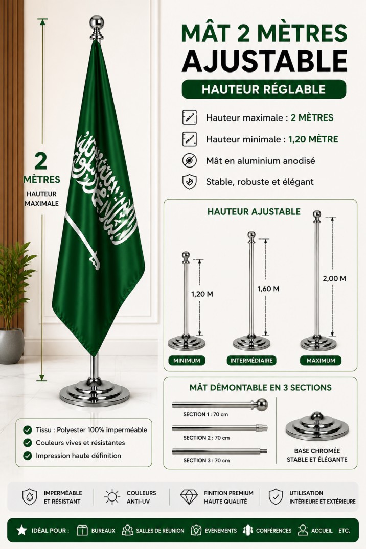 Drapeau Arabie Saoudite au Maroc – Mât chromé personnalisé | Livraison rapide